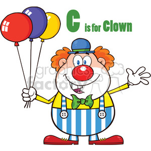 A colorful cartoon clown holding three balloons and waving, with the text 'C is for Clown'. The clown has red hair, a big red nose, blue and yellow striped overalls, and red shoes.