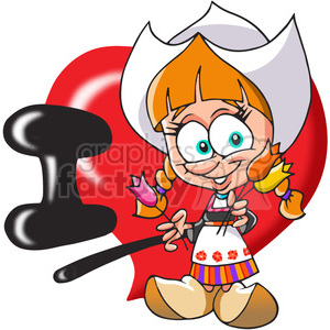 The image is a colorful clipart featuring a cartoon-style girl wearing a traditional Dutch outfit including a white bonnet, an apron with flower designs, and wooden shoes (clogs). She is holding a tulip in one hand and a spoon with black substance at its tip in the other, standing in front of a red background.