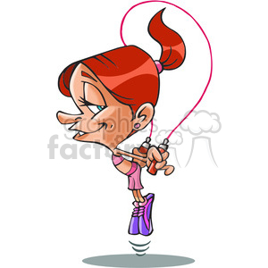 In this clipart image, there is a caricature of a girl with exaggerated features engaging in a jump rope activity. She has a prominent, pointed nose, big green eyes, and large red hair tied in a ponytail. She is wearing a pink tank top, brown shorts, and purple and pink sneakers. She is holding the handles of the jump rope with a confident expression on her face and a slight smirk as she skips over the rope, indicated by the motion lines below one of her feet.