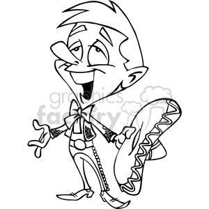The image is a black and white clipart of a cartoon character who appears to be singing or speaking enthusiastically. The character is drawn stylized with exaggerated features such as a large mouth, big eyes, and a pointy nose. The character is dressed in a somewhat flamboyant and old-fashioned style with a bowtie, vest, pants, a chain, and shoes with spats. They are gesturing with their hands and appear to be in mid-motion, as if performing or expressing a strong emotion.