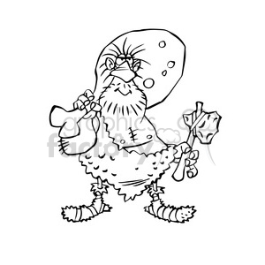 Black and white clipart of a cartoon caveman with a club and a large chicken drumstick.