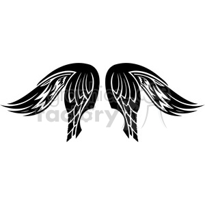 A high-contrast black and white illustration of a pair of stylized wings. The wings are symmetrical and have a tribal or tattoo-like design, with intricate feather details and sharp, flowing lines.