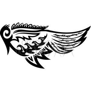 Tribal style clipart image of a stylized bird in black and white, featuring intricate patterns and bold lines.