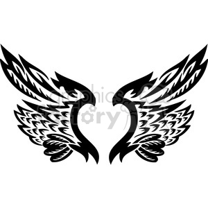 This clipart image features a symmetrical tribal tattoo design of a pair of wings with intricate feather patterns. The black and white artwork showcases bold lines and sharp angles.