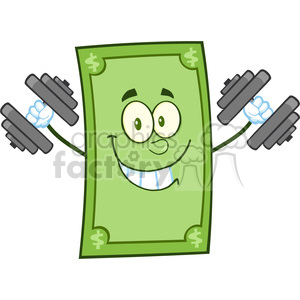 This clipart image features an anthropomorphic dollar bill character with arms, legs, and a friendly face, lifting weights. The dollar is depicted as being strong, smiling, and working out with a dumbbell in each hand, emphasizing the idea of financial strength or power.