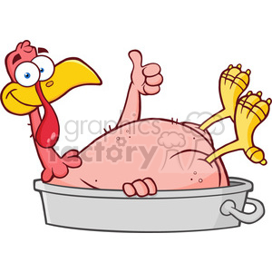 A cartoon turkey lying in a roasting pan, giving a thumbs up, symbolizing a Thanksgiving dinner.