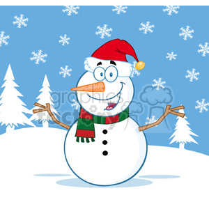 A cheerful snowman wearing a Santa hat and a striped scarf, surrounded by snowflakes and snowy trees.