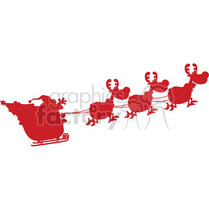 Silhouette of Santa Claus flying in a sleigh pulled by reindeer.