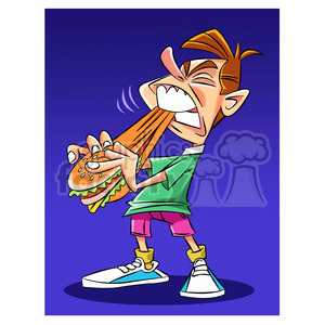   The clipart image shows a cartoon kid eating a cheeseburger for lunch. The burger appears to be rubbery in texture.
 