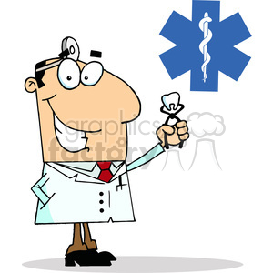 A smiling cartoon dentisty holding a tooth with dental tool while standing next to a blue medical star symbol.