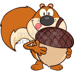This clipart image shows a cartoon squirrel with a large, mischievous grin, holding a big acorn. The squirrel has a fluffy tail and appears to be standing upright in a playful or proud pose.
