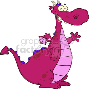   The image features a cartoon-style drawing of a whimsical, funny-looking dragon. This dragon is portrayed with a mix of characteristics that includes a prominent, elongated snout, googly eyes, small wings, a long curled-up tail, and a spiky ridge going down its back and tail. The dragon is largely colored in shades of purple and pink, with darker spots scattered across its body and limbs extending in a playful manner. 