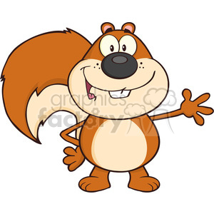 The image shows a cheerful cartoon squirrel. It has a large bushy tail, big eyes, and a friendly expression, standing upright and waving with one hand.