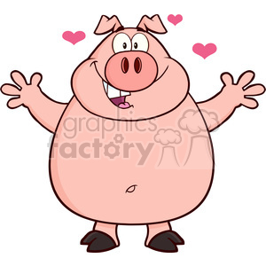 7145 Royalty Free RF Clipart Illustration Happy Pig Cartoon Mascot Character Open Arms For Hugging