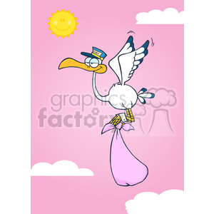 The clipart image depicts a comical stork in flight, carrying a classic representation of a baby delivery—a bundle that's tied up in pink cloth, presumably with a baby inside. The stork wears glasses and a small blue cap with the word BABY written on it. The stork is shown against a light pink background with white clouds, and there's a smiling yellow sun in the top left corner.