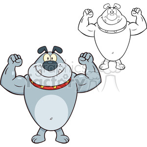 7219 Royalty Free RF Clipart Illustration Smiling Gray Bulldog Cartoon Mascot Character Showing Muscle Arms
