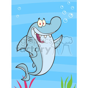 The image shows a cartoon depiction of a cheerful shark swimming underwater. It is characterized by a large, exaggerated smile and wide-opened eyes, which give it a friendly and humorous appearance. The shark has a classic fin visible on its back, as well as other fins that represent its limbs. The background implies an underwater scene with bubbles ascending towards the surface, and some cartoonish green aquatic plants at the bottom.