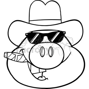 The clipart image features a cartoon style pig. This pig is wearing sunglasses and a cowboy hat, with a cigar hanging out its mouth. This image is a black and white line drawing suitable for coloring activities and projects that require a humorous or playful illustration of animals.