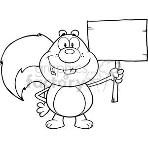 The clipart image features a cartoon squirrel standing upright and smiling. The squirrel has a large bushy tail, big eyes, and is holding a blank sign or placard on a stick with its right hand.
