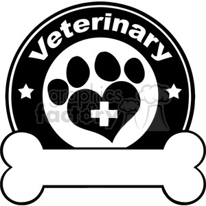Clipart image featuring a veterinary symbol with a heart-shaped paw print and a medical cross inside a circular badge, flanked by stars, and a bone at the bottom with space for text.