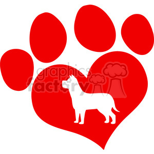   Royalty Free RF Clipart Illustration Red Love Paw Print With Dog Silhouette 