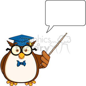 A cartoon owl wearing a graduation cap and glasses, holding a pointer stick with a speech bubble.