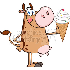 The clipart image shows a whimsical, cartoonish depiction of a brown cow standing upright like a human. The cow has a large, exaggerated snout, a pair of enthusiastic blue eyes, dark spots on its body, and it's sticking out its tongue in a playful manner. The cow has an udder and is holding a large ice cream cone with a swirl of white ice cream topped with sprinkles and a cherry. The cow's tail is playfully curved and its hooves are structured similar to human feet and hands for a humorous effect.