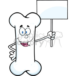 The clipart image shows an anthropomorphic bone holding a blank sign. It has a pair of big blue eyes, an open mouth with a tongue visible, and its shape resembles a typical cartoon representation of a dog bone, with rounded ends and a thinner middle section. The bone character appears cheerful and is holding the sign up with its one arm extended outwards. There are no actual animals in the image.