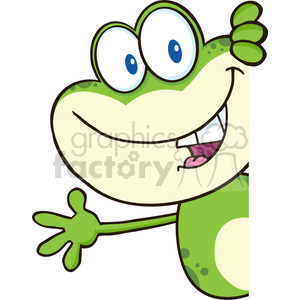 The image is a clipart of a cartoon frog. The frog appears happy and is smiling, with big, bulging eyes, and a friendly demeanor. It has a green body with a lighter underbelly and spots, and one of its hands is reaching out as if waving hello.