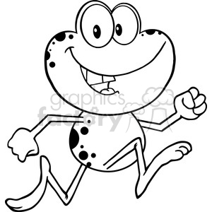 The clipart image shows a cartoon-style frog that appears to be running or dancing. It has a large, smiling mouth, big round eyes, and spots on its body, which add to its humorous and playful appearance.