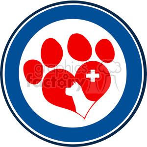 The clipart image shows a stylized representation of a dog's paw print with a red heart that contains a white silhouette of a dog's profile and a white medical cross (often associated with health care). The colors are predominantly red, blue, and white, and the overall design suggests themes related to veterinary care, pet health, or animal welfare.