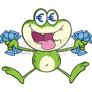The image shows a cartoon frog with large, happy eyes symbolized by euro currency symbols. The frog seems ecstatic and is holding bundles of cash in both hands. It has a wide, open-mouthed smile, suggesting that it is extremely pleased or excited, possibly due to the wealth it's holding.