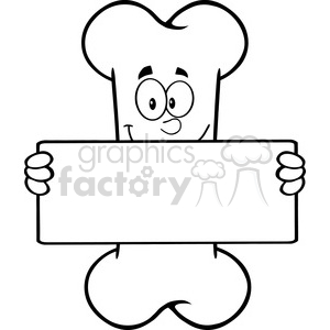 The image is a black and white line drawing of a whimsical, anthropomorphized bone character. It has a cartoonish face with large eyes and a happy expression. The bone character is holding a blank sign or banner that can be used for customization, making it versatile for various purposes. The top part of the bone is shaped like a typical dog bone with rounded ends that serve as the head, and the character's body consists of a straight rectangular area, which is where the sign is displayed.