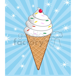   The clipart image shows a cartoon ice cream cone with vanilla ice cream topped with a cherry. It also has a funny background pattern of blue stripes.
 