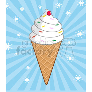 The clipart image shows a cartoon ice cream cone with vanilla ice cream topped with a cherry. It also has a funny background pattern of blue stripes.