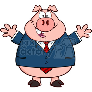 A cartoon pig dressed in a blue business suit with a red tie, spreading its arms wide and smiling.