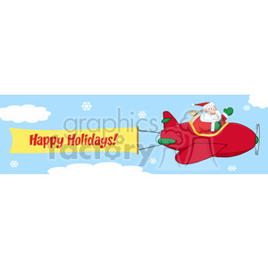 8209 Royalty Free RF Clipart Illustration Santa Flying In The Sky With Christmas Plane And A Blank Banner With Text Happy Holidays