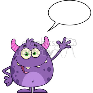 8902 Royalty Free RF Clipart Illustration Happy Cute Monster Cartoon Character Waving With Speech Bubble With Vector Illustration Isolated On White
