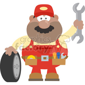 8559 Royalty Free RF Clipart Illustration Smiling African American Mechanic Cartoon Character With Tire And Huge Wrench Flat Syle Vector Illustration Isolated On White