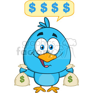   8835 Royalty Free RF Clipart Illustration Happy Blue Bird Cartoon Character Holding A Bags Of Money With Speech Bubble Vector Illustration Isolated On White 