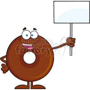 8718 Royalty Free RF Clipart Illustration Happy Chocolate Donut Cartoon Character Holding Up A Blank Sign Vector Illustration Isolated On White