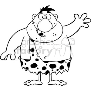 8417 Royalty Free RF Clipart Illustration Black And White Funny Caveman Cartoon Character Waving Vector Illustration Isolated On White