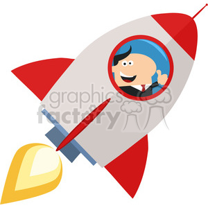 8329 Royalty Free RF Clipart Illustration Manager Launching A Rocket And Giving Thumb Up Flat Style Vector Illustration