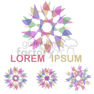 A vibrant, multicolored geometric flower pattern with the text 'Lorem Ipsum' in stylized font. The design features overlapping petals in shades of pink, blue, green, and beige, creating intricate circular motifs.