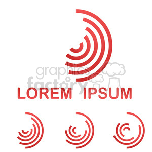 This clipart image features a red abstract circular pattern with varying radii, resembling radar waves or sound waves. The design includes the placeholder text 'LOREM IPSUM'. Below the main design, three smaller variations of the circular pattern are displayed.