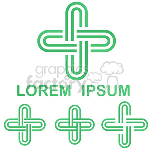 A green interwoven loop design forming a cross shape with the text 'Lorem Ipsum' below it. There are smaller versions of the same design at the bottom.