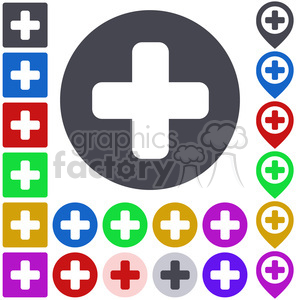 A collection of various 'plus' symbol icons in different colors and shapes, including circular, square, and pin icon styles.