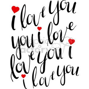 Clipart image with black hand-written calligraphy repeating the phrase 'I love you' multiple times, accented with small red hearts.