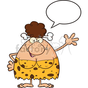 A cartoon cavewoman with a bone in her hair, wearing a spotted dress, waving with a speech bubble.