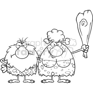 A cartoon illustration of a caveman and cavewoman, depicted humorously with exaggerated features, wearing tattered clothing and holding a club.